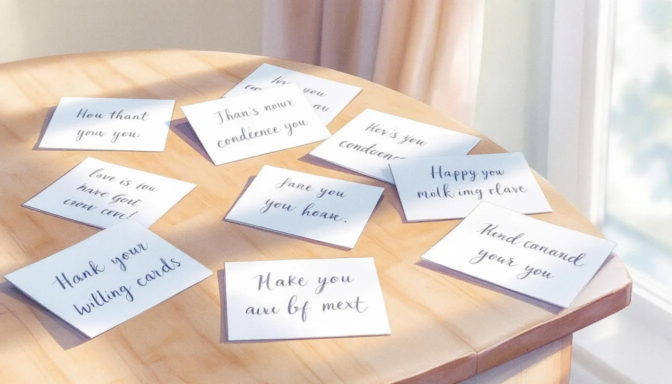 Dankeskarten nach dem Verlust eines Kindes, die auf einem Tisch liegen.