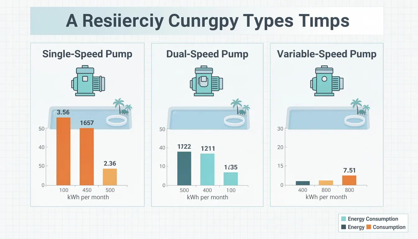 The image illustrates a comparison of various pool pump types, highlighting their energy consumption differences, including energy efficient pool pumps, single speed pumps, and variable speed pumps. This visual aids pool owners in understanding how different pump options can significantly reduce energy consumption and lower operating costs for their swimming pools.