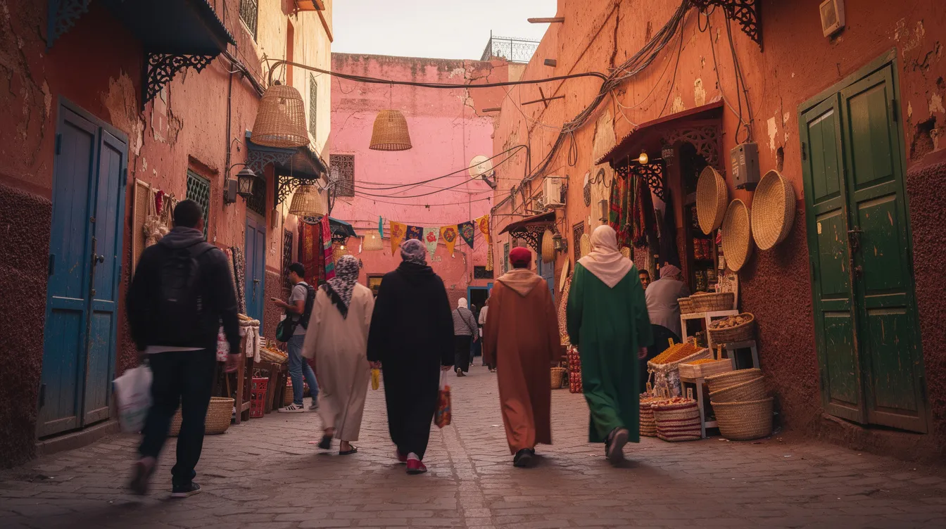 Une ruelle étroite et colorée de la médina de Marrakech, animée par des piétons qui se déplacent entre les boutiques et les souks. Cette scène vivante évoque l'atmosphère unique de la ville, où la location de voitures peut offrir aux visiteurs la liberté d'explorer les alentours.