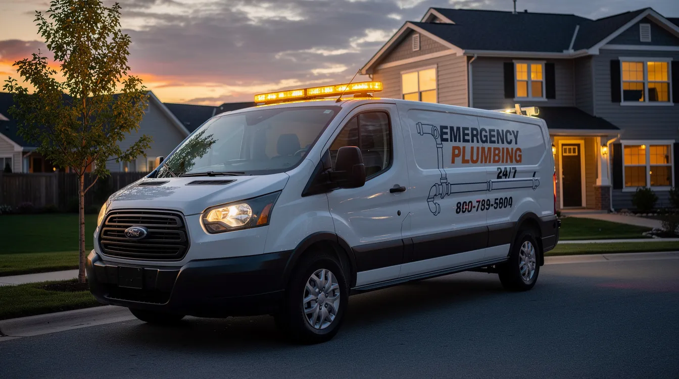 An emergency plumbing service van with its lights on is parked outside a residential home at dusk, ready to assist with urgent plumbing needs such as drain cleaning and leak detection. The scene conveys a sense of urgency and reliability, highlighting the importance of prompt service for plumbing emergencies in Tukwila, WA.