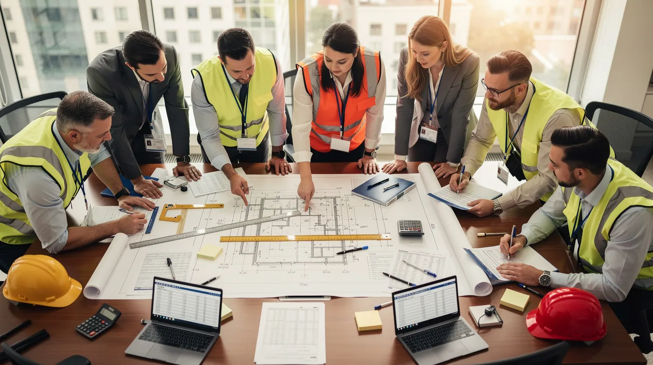 A group of workers in the construction industry is gathered around a table, reviewing detailed blueprints and cost estimates for new construction projects. The scene highlights the collaboration among industry leaders in eastern Pennsylvania as they discuss plans that will shape the infrastructure and development of local communities.