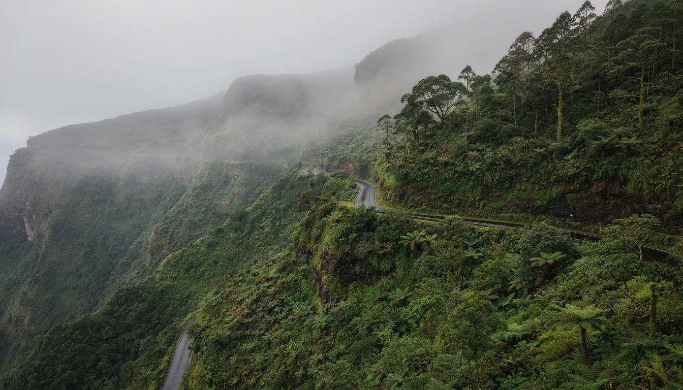 Une route de montagne sinueuse traverse le massif d'Anaga, entourée d'une forêt tropicale dense et enveloppée de brume, offrant une vue spectaculaire sur les paysages naturels de Ténérife. Ce décor enchanteur est idéal pour un road trip en voiture de location, permettant d'explorer les trésors cachés de l'île.