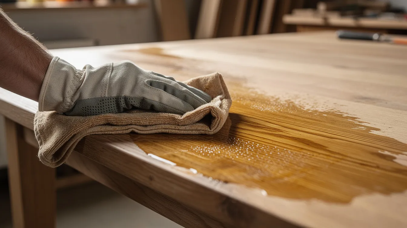 Een close-up afbeelding van iemand die meubelolie aanbrengt op een houten tafelblad, waarbij de natuurlijke houtnerf goed zichtbaar is. De persoon gebruikt een schone doek om de olie gelijkmatig te verdelen en zo een beschermlaag te creëren voor het houten meubelstuk.
