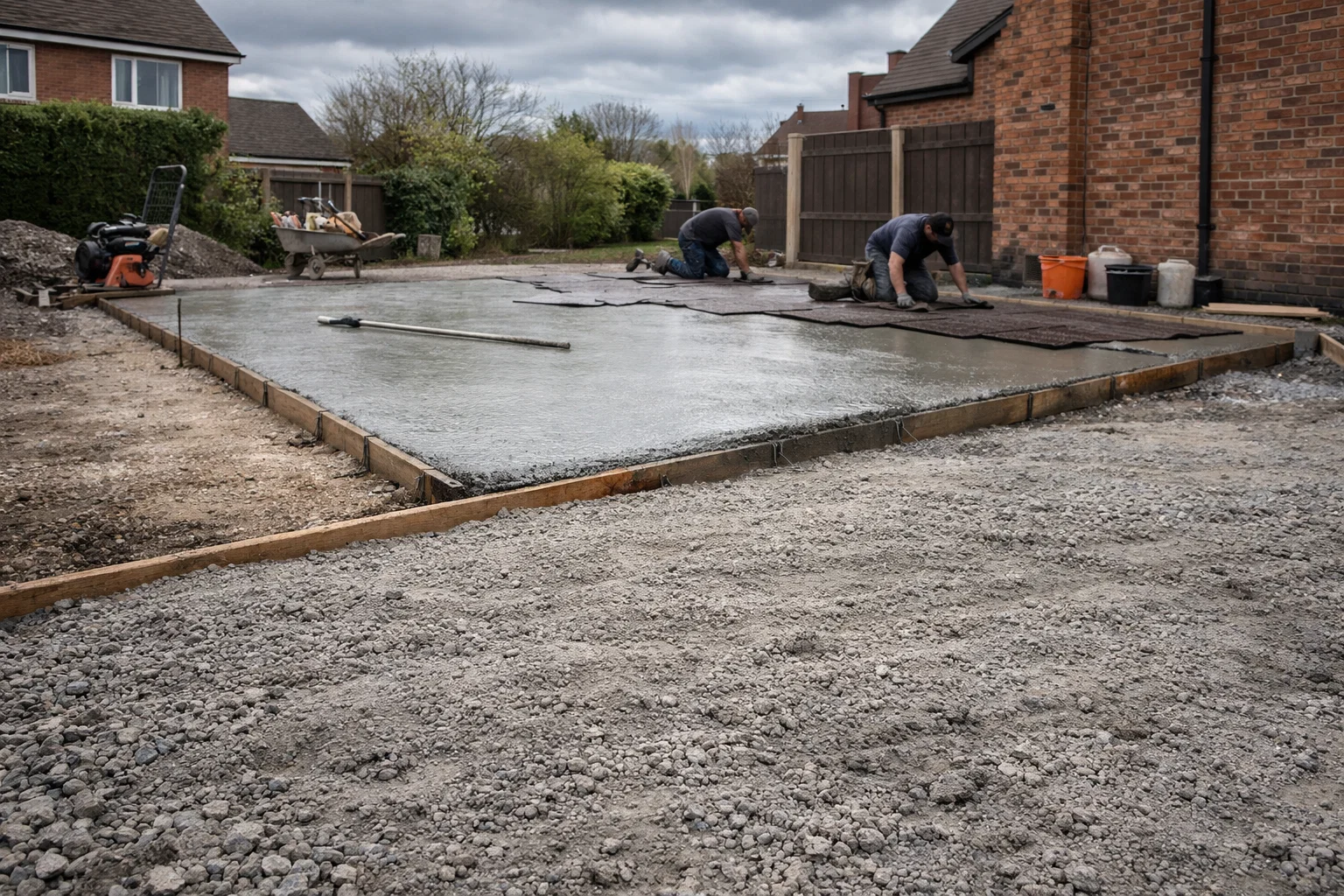 Installation process of imprinted concrete driveway showing sub-base, poured concrete and pattern stamping.
