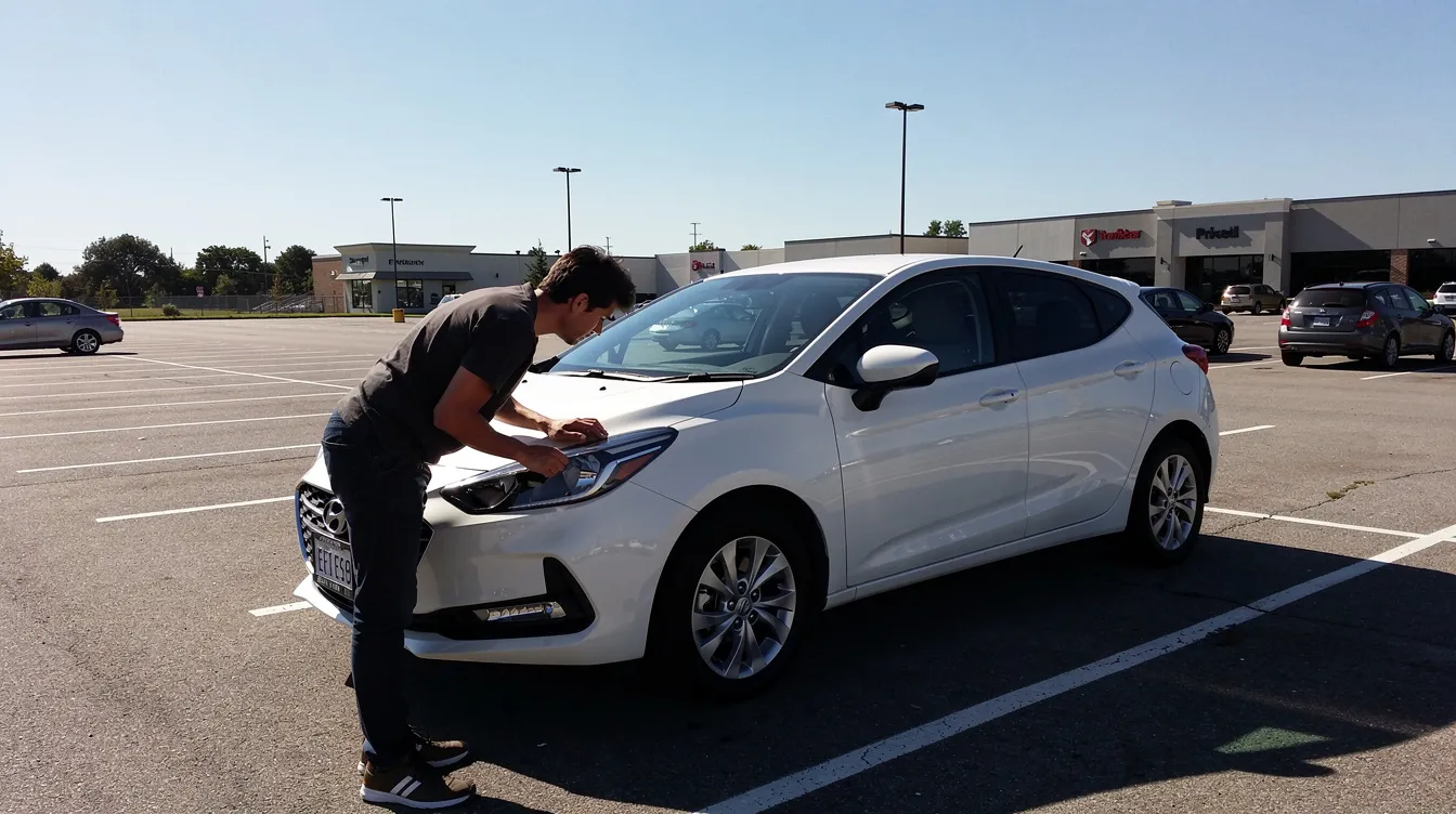 Une personne examine l'extérieur d'une voiture de location blanche sur un parking ensoleillé, probablement à proximité de l'aéroport Mohammed V de Casablanca. L'image évoque les services de location de voitures au Maroc, offrant une vue sur les véhicules disponibles pour les voyageurs.