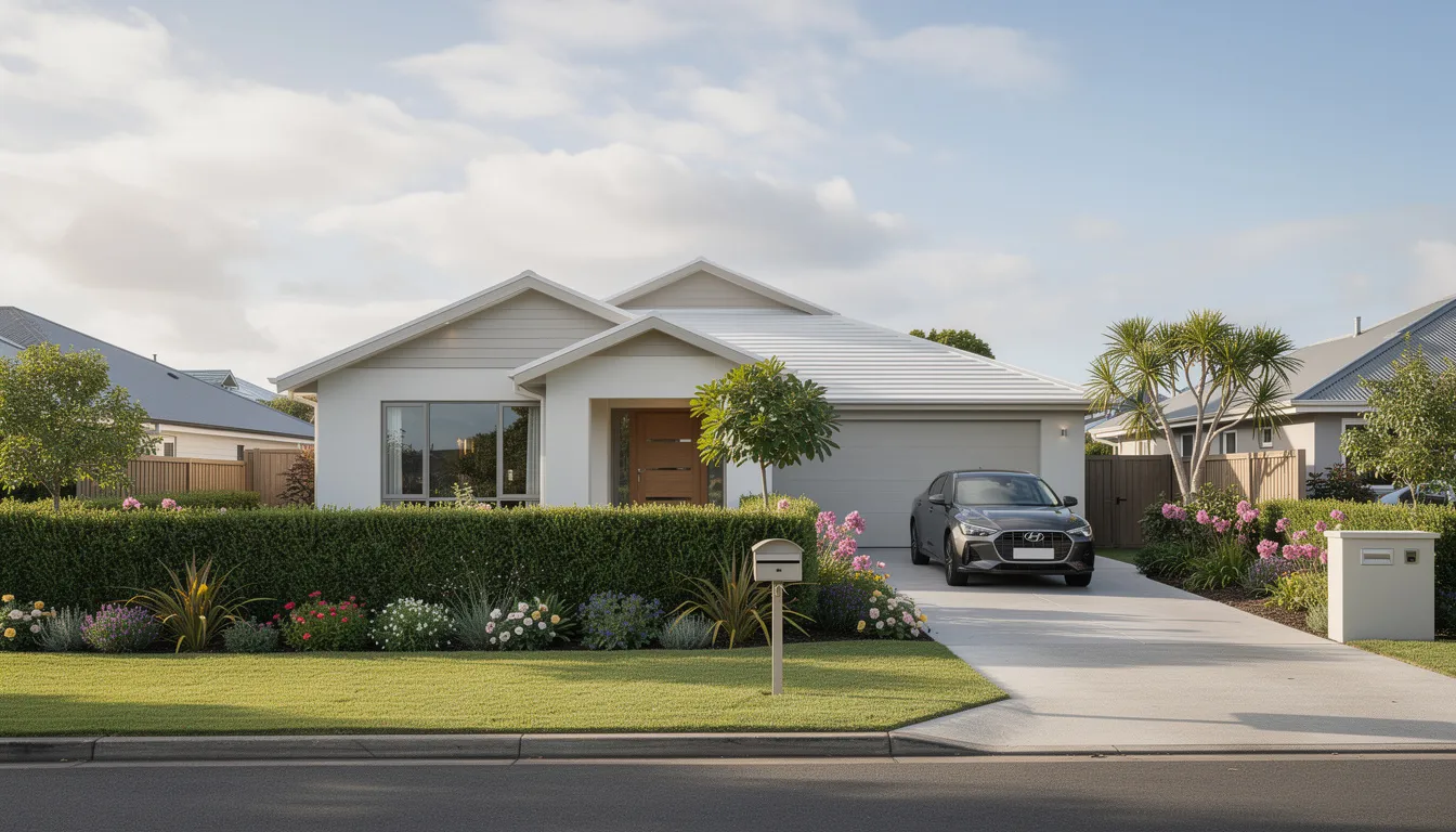 The image depicts a well-maintained suburban house in Auckland, featuring a lush garden and a neat driveway. The property appears structurally sound, suggesting careful planning and attention to foundation issues, which are essential for maintaining structural integrity and preventing uneven floors.