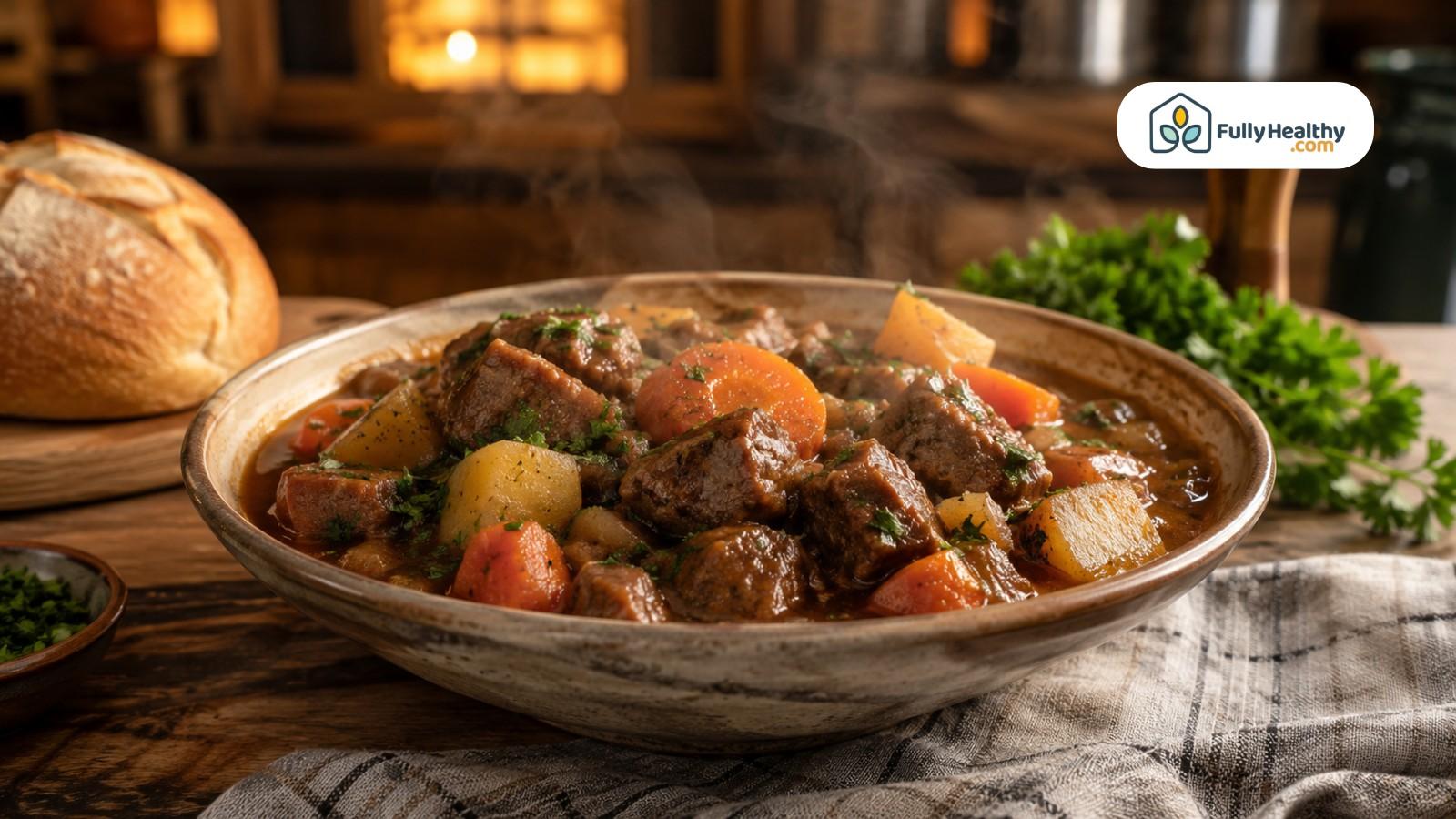 Warm lamb stew with carrots, potatoes, fresh herbs, and crusty bread