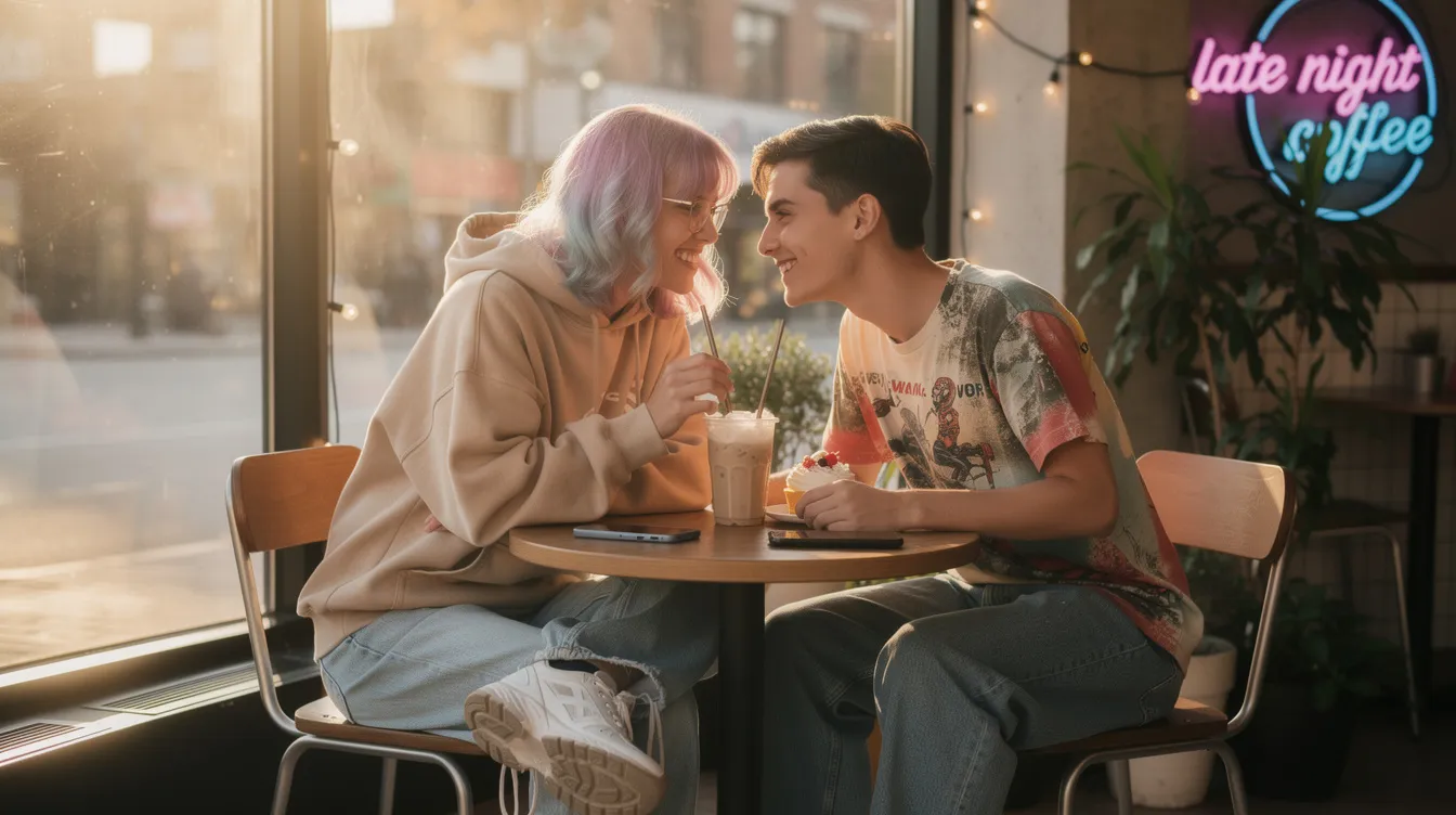 The image depicts a group of diverse Gen Z individuals engaging in a lively discussion about modern dating, highlighting the importance of mental health, personality differences, and relationship compatibility in forming meaningful connections. Unlike previous generations, they emphasize the role of social media platforms and dating apps in exploring potential partners and fostering deeper connections.
