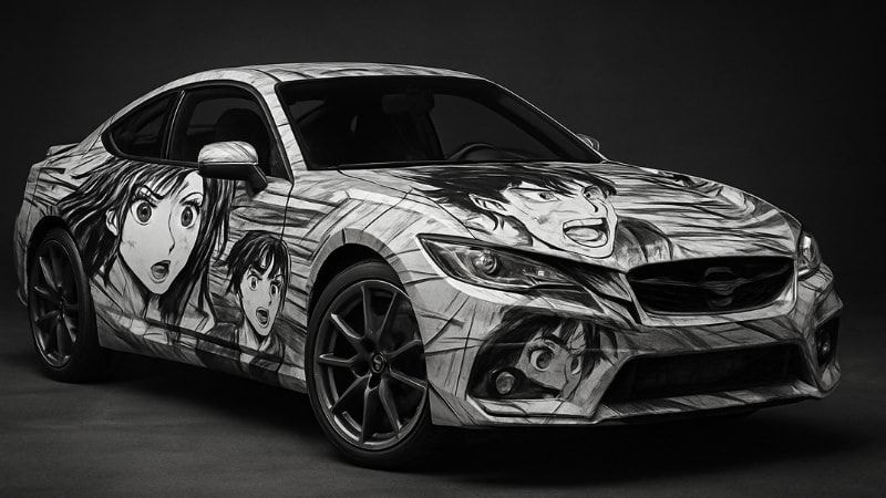 A car wrapped in Manga-style, grey-scale anime print of vinyl