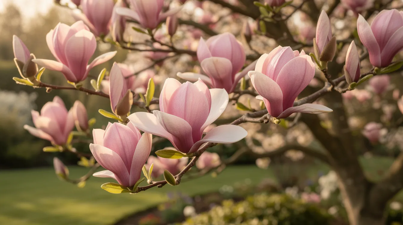 W ogrodzie wiosną kwitnie magnolia soulangeana, prezentując duże różowe kwiaty, które emanują słodkim zapachem. W tle widoczne są krzewy kwitnące, w tym forsycja z jej żółtymi kwiatami, co tworzy kolorowy i radosny krajobraz.