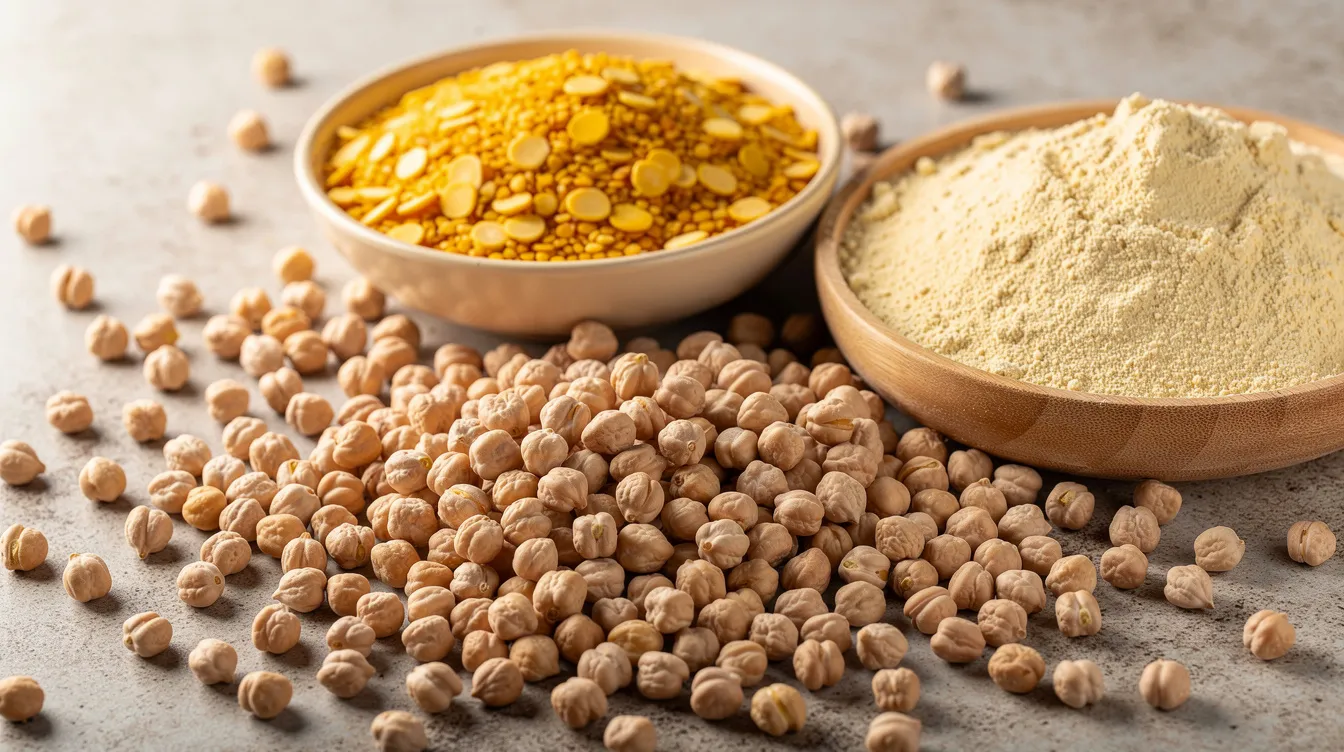 The image shows raw whole chickpeas spread out on a surface, accompanied by bowls of split dal and besan flour, highlighting essential raw materials in the food processing industry. This arrangement emphasizes the importance of chickpeas in the production of gram flour and the manufacturing process of various staple ingredients in Indian cuisine.