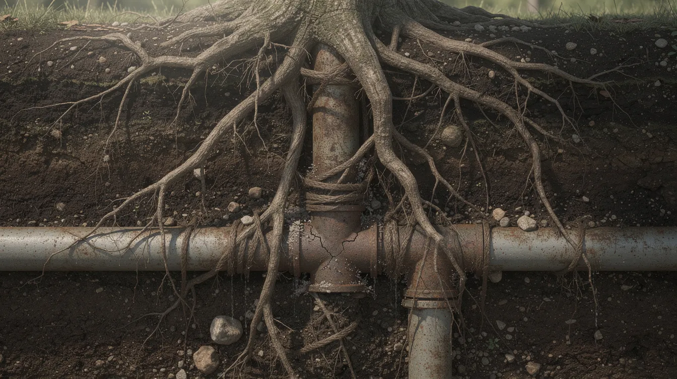 The image depicts tree roots growing around and into underground pipes, illustrating a common cause of clogged sewer lines. This root intrusion can create blockages in the plumbing system, leading to slow drains and potential sewage backup.