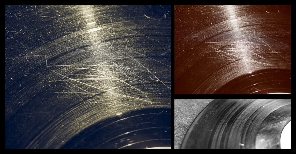 3 examples of scratched records. The scratches and debris in the record grooves are often what causes the record to skip.