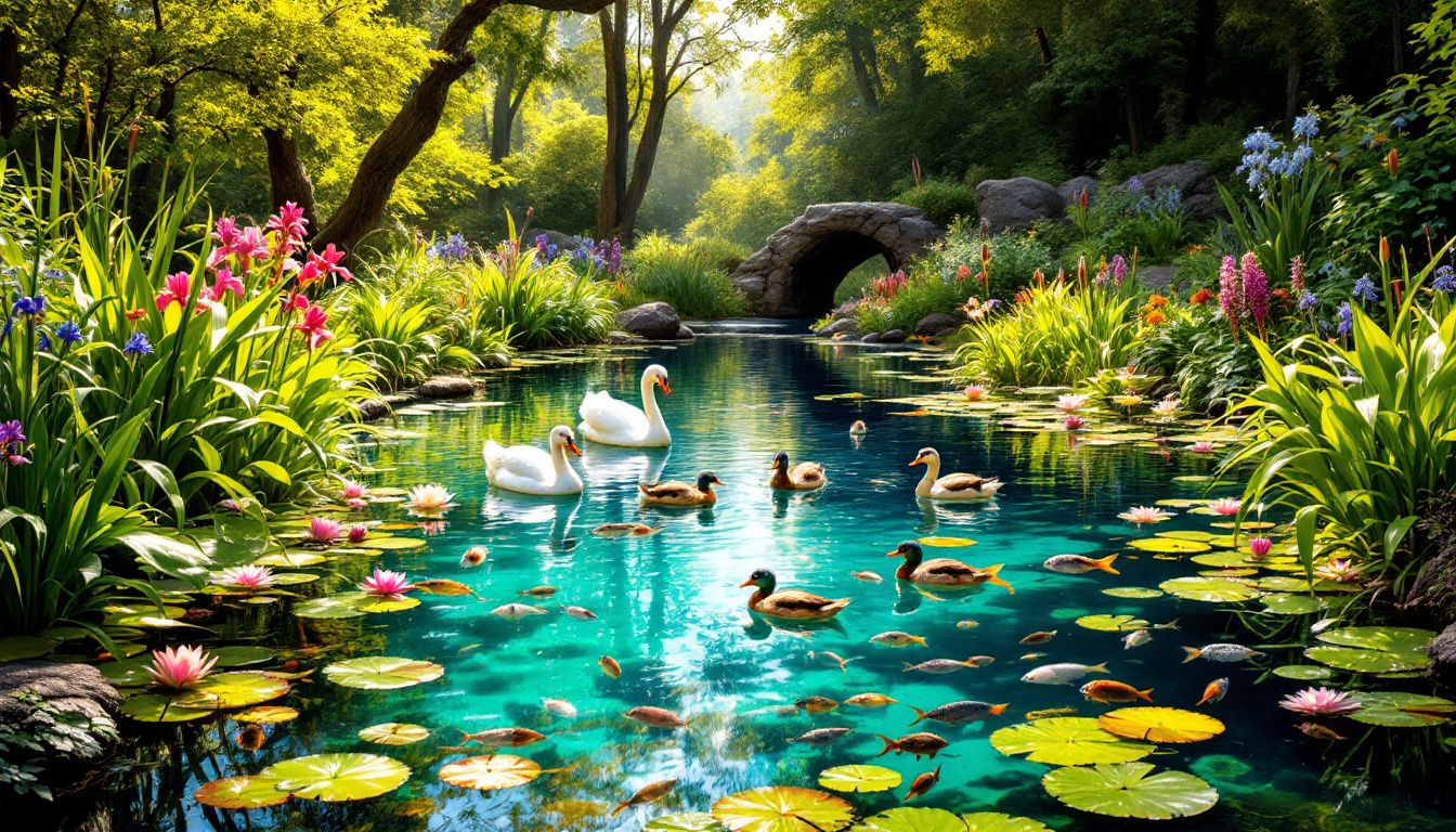 A healthy wildlife pond with clear water and diverse plant life.