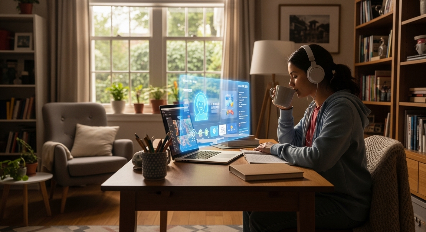 Flexible learning environment showing a student studying at home with AI guidance, emphasizing control over time and pace.