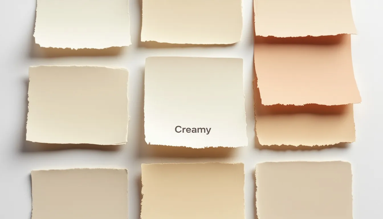 The image features a close-up comparison of paint swatches, highlighting the subtle differences between Sherwin Williams' "Creamy" and similar warm white colors, showcasing their yellow undertones. The swatches are arranged to emphasize how these creamy off whites can complement kitchen cabinets and create a beautiful, inviting space under various lighting situations.