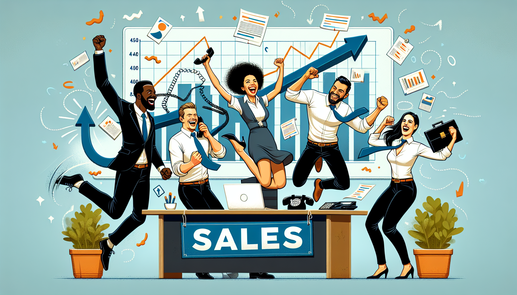 Illustration of a sales team celebrating a successful deal