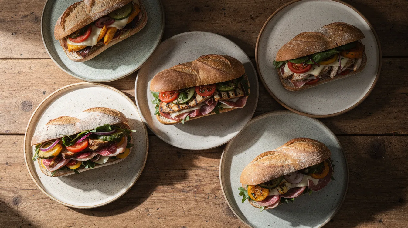 Una mesa de madera sostiene platos de cerámica con sándwiches gourmet variados, exhibiendo una atractiva oferta de comidas que podrían ser ideales para un menú en una cafetería. Los colores y texturas de los sándwiches sugieren calidad y un toque especial que atraerá a los clientes.