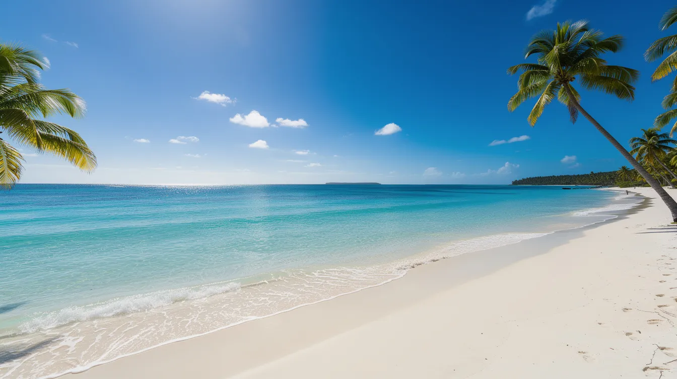 A picturesque tropical Caribbean beach features soft white sand and vibrant turquoise waters, bordered by swaying palm trees under a clear, sunny sky. This idyllic scene captures the essence of a perfect getaway in a tranquil coastal area.