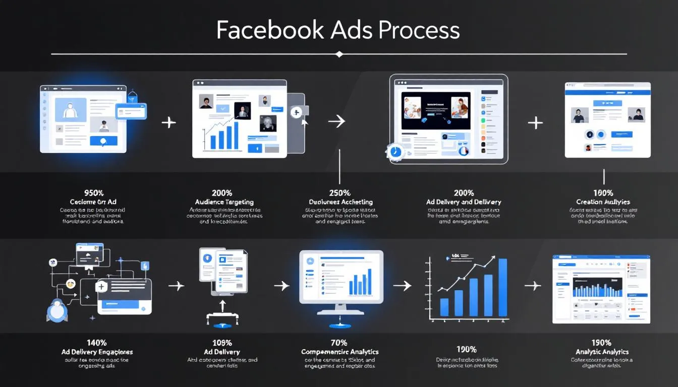An infographic illustrating the Facebook ads process from creation to analysis.
