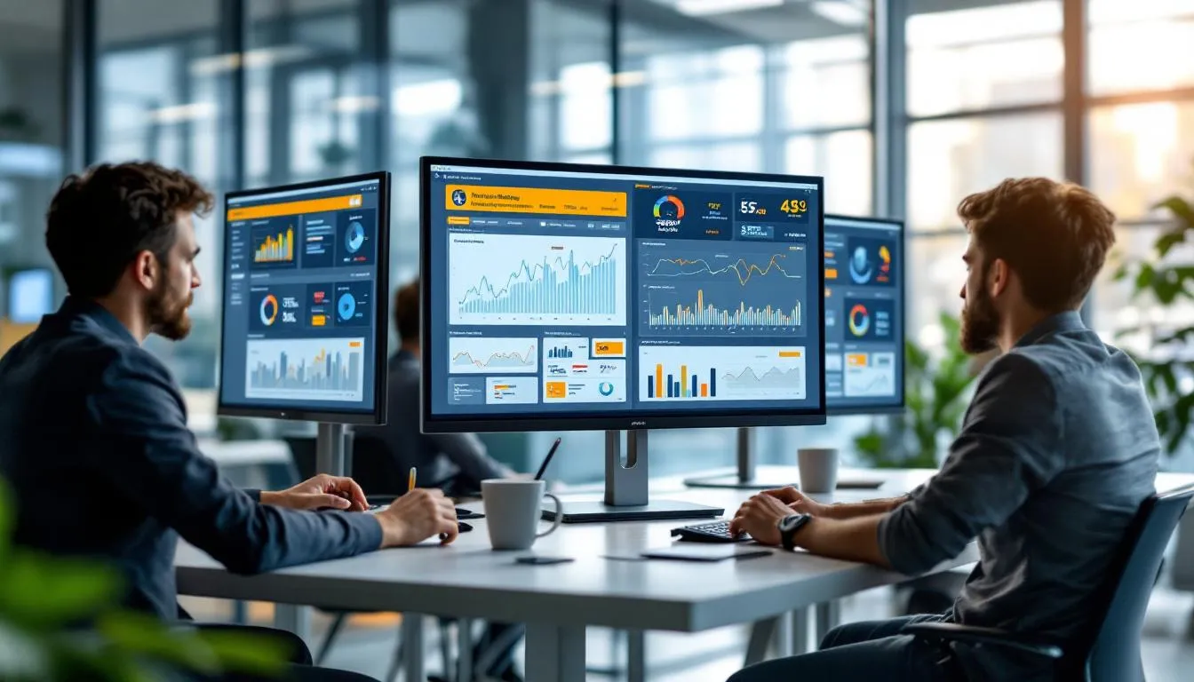 A team of marketers is intently analyzing campaign performance on large monitors, which display various digital marketing metrics such as social media engagement and search engine optimization data. This collaborative effort highlights the importance of data-driven approaches in achieving business goals through effective digital marketing strategies.