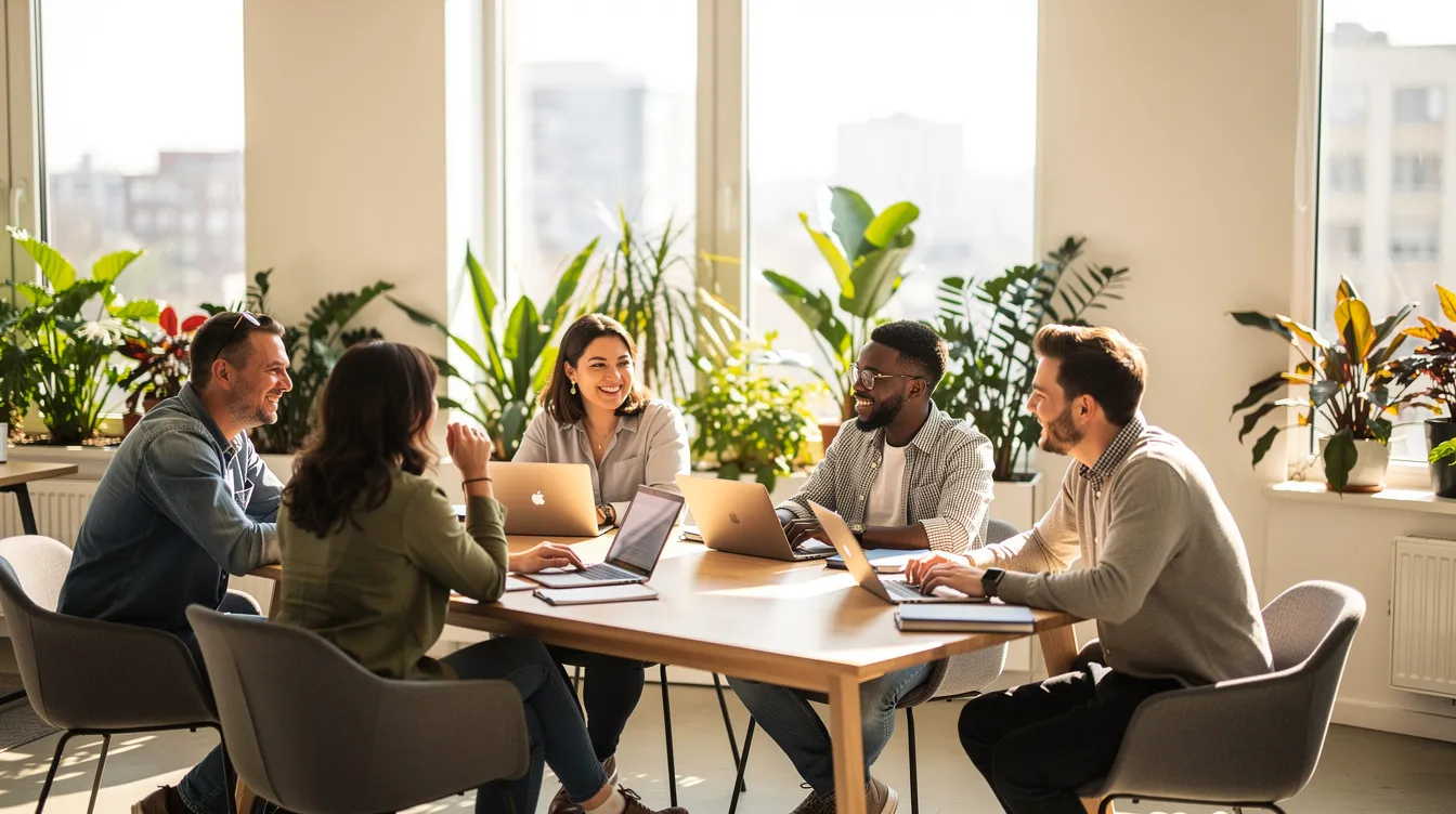 Une réunion d'équipe détendue se déroule autour d'une table dans un bureau moderne, où des plantes vertes ajoutent une touche de bien-être à l'environnement de travail. Les participants échangent des idées, illustrant l'équilibre entre vie professionnelle et vie privée dans un cadre agréable.
