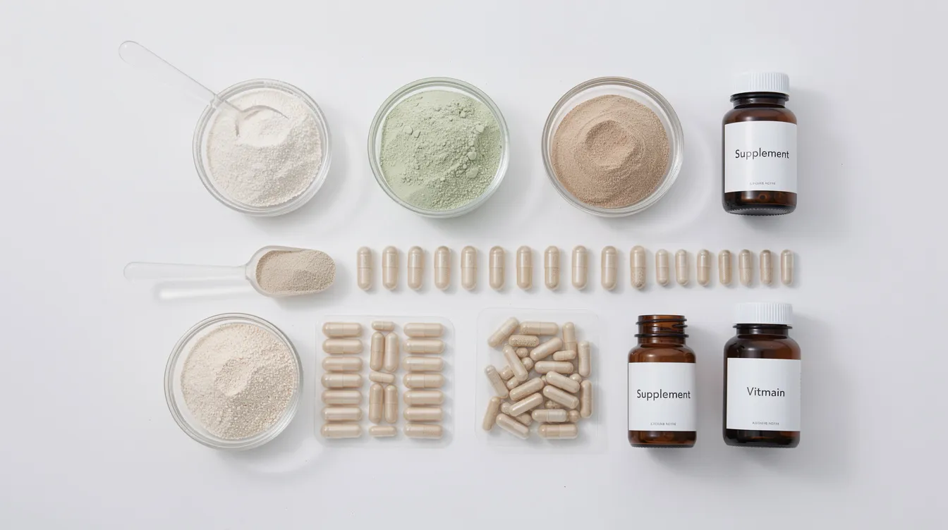 The image features a variety of dietary supplement capsules and powders, including those aimed at promoting cardiovascular health and overall well-being, arranged neatly on a clean white surface. These supplements may include essential nutrients for blood flow, muscle recovery, and cognitive function, reflecting the principles of the Bryan Johnson blueprint protocol for longevity and health.