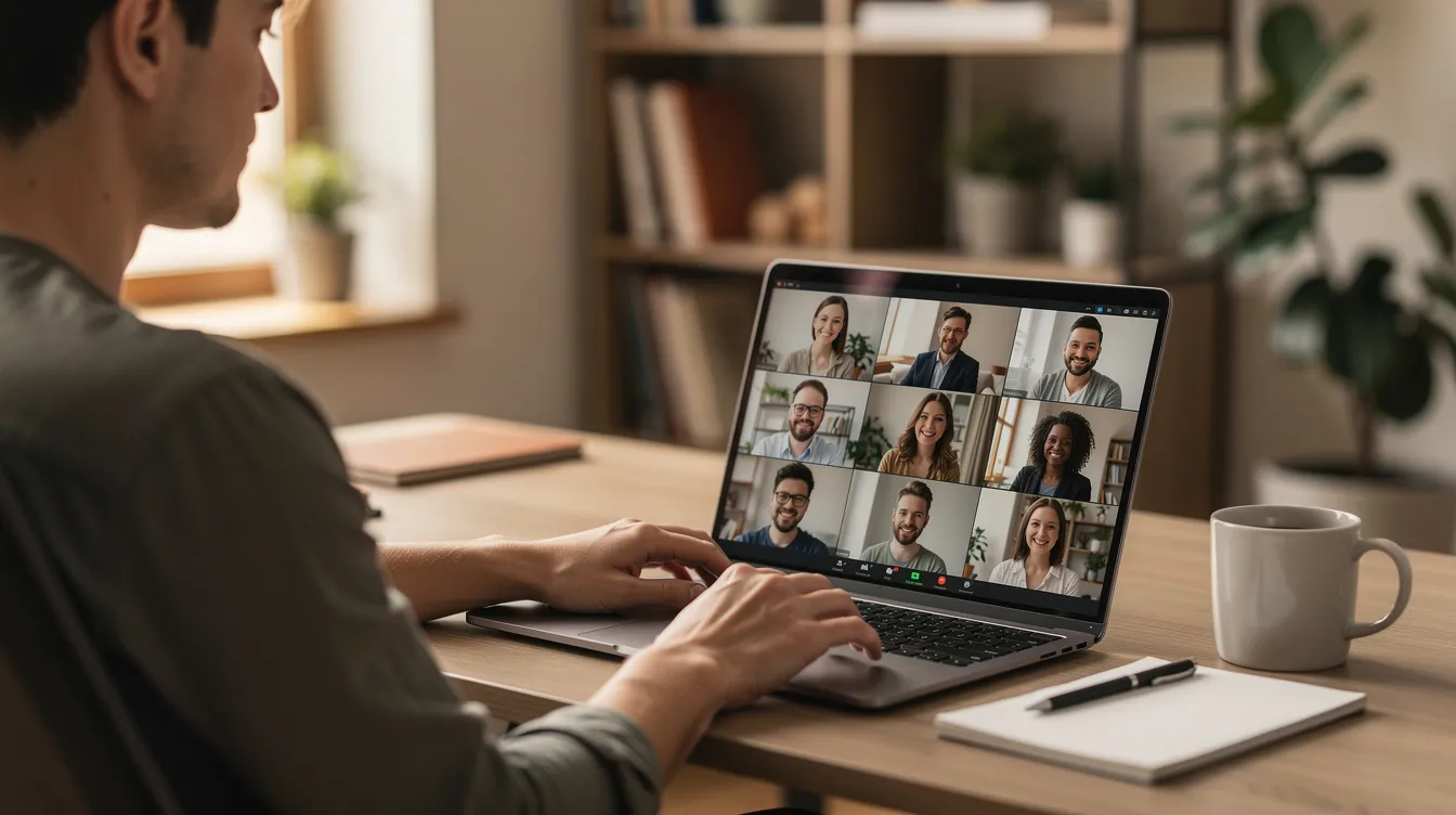 A person is sitting at a desk, engaged in a video conference call on their laptop. The setting suggests a professional environment, where they may be discussing topics related to bankruptcy filings, such as financial situations and repayment plans.