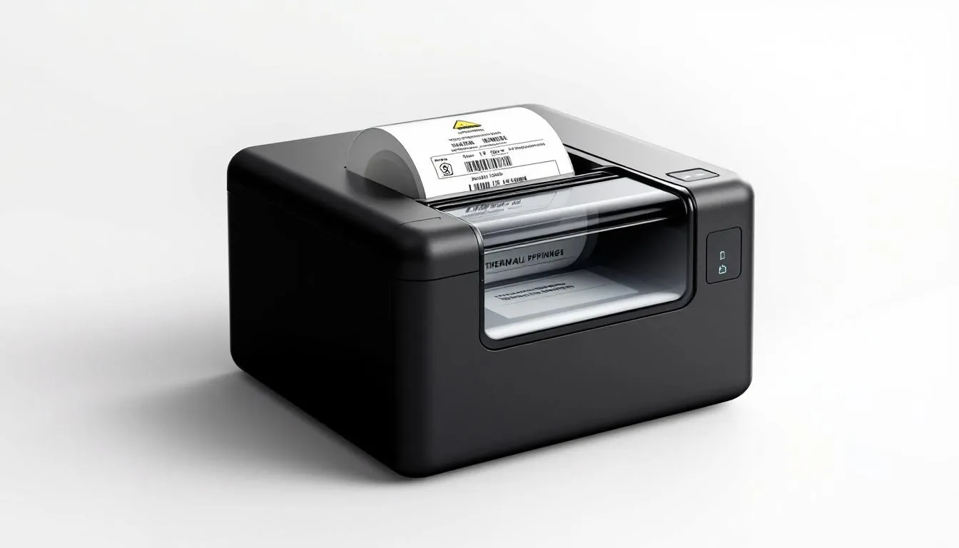 A thermal label printer suitable for shipping labels, showcasing its design and functionality.