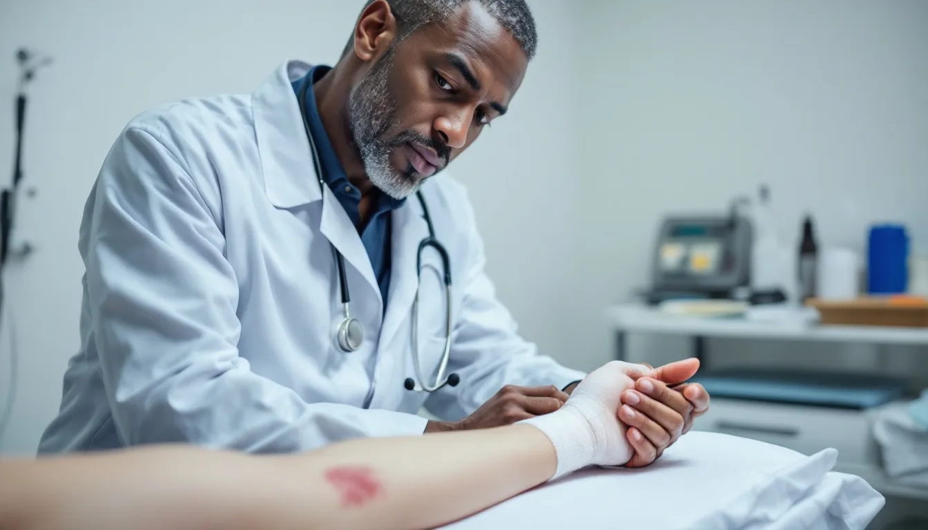A medical professional examining a workplace injury in a clinical setting.