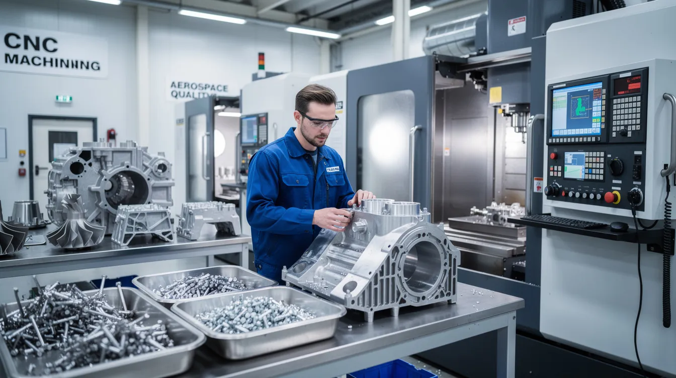 The image showcases a CNC machining facility focused on the aerospace industry, featuring advanced computer numerical control machines that create high precision components for aircraft and spacecraft. Various aerospace components, including turbine blades and engine parts made from aluminum and titanium alloys, are being manufactured with tight tolerances and complex geometries, highlighting the critical role of CNC machining services in aerospace applications.