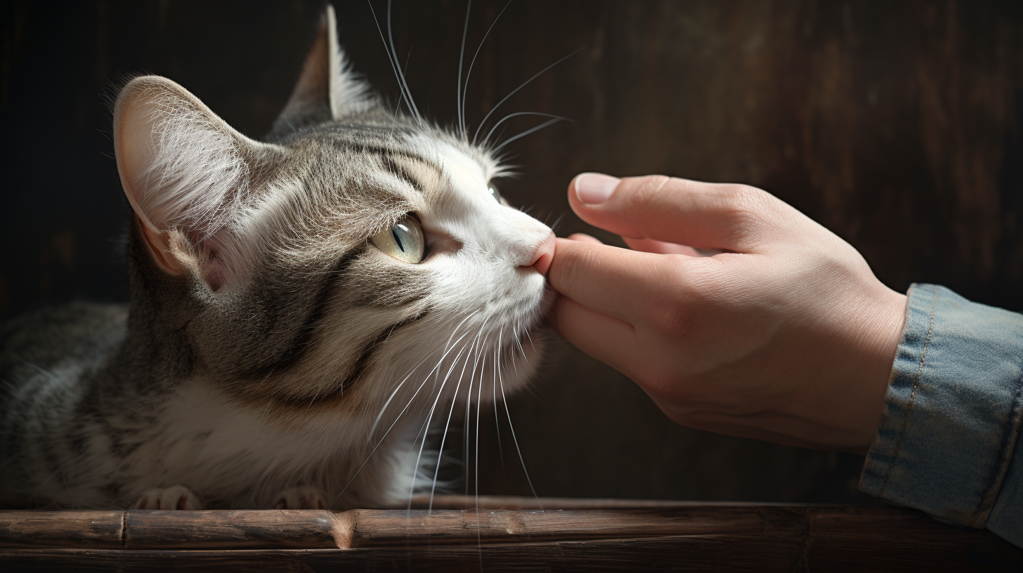 gray cat smelling human hand