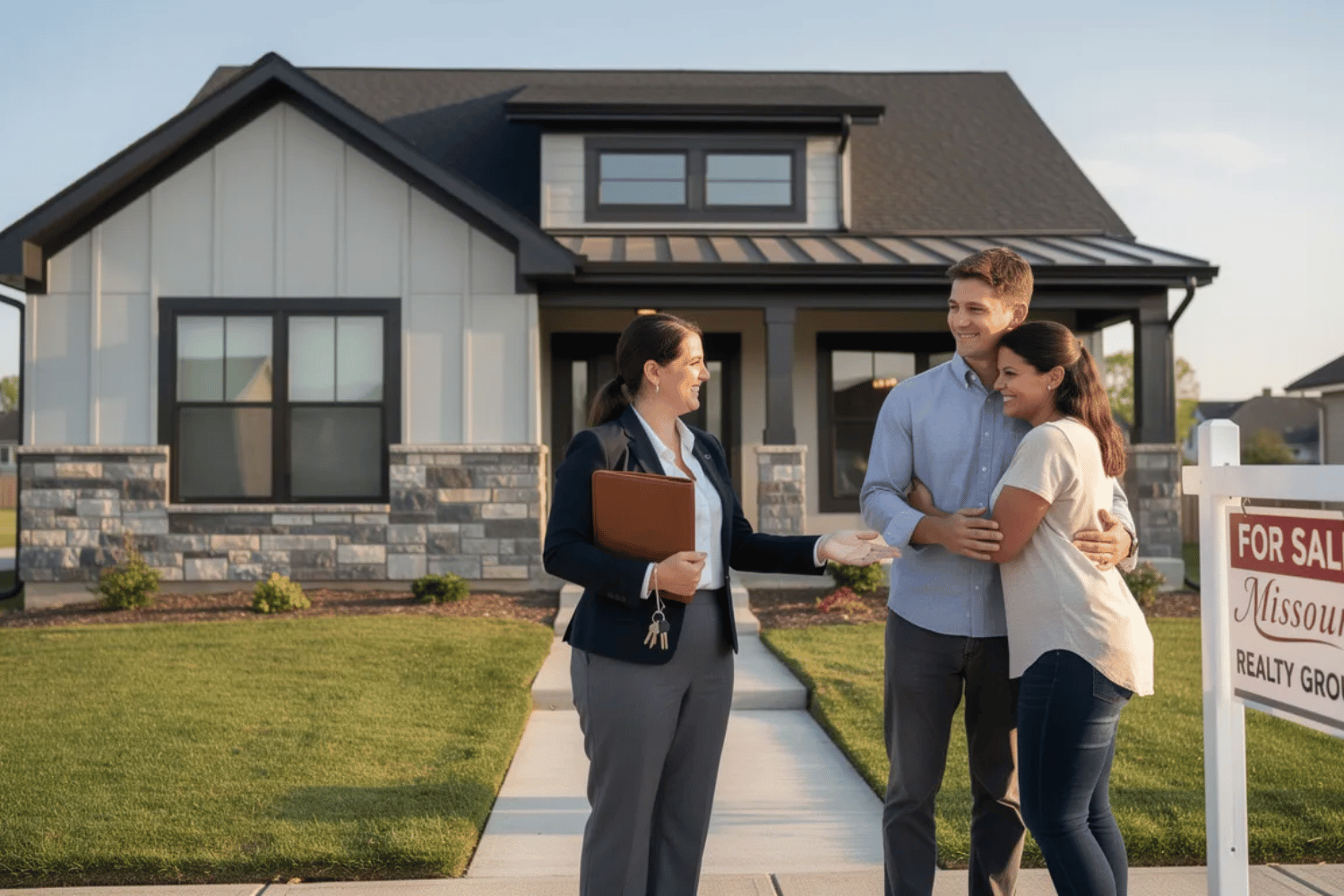 The Image Shows A Real Estate Agent Discussing A Beautiful Modern Home In Missouri With A Couple, Highlighting Its Energy-Efficient Features. The Home’s Exterior Suggests Energy Savings Potential, Making It An Attractive Option For Buyers Interested In Improving Their Home'S Energy Efficiency.
