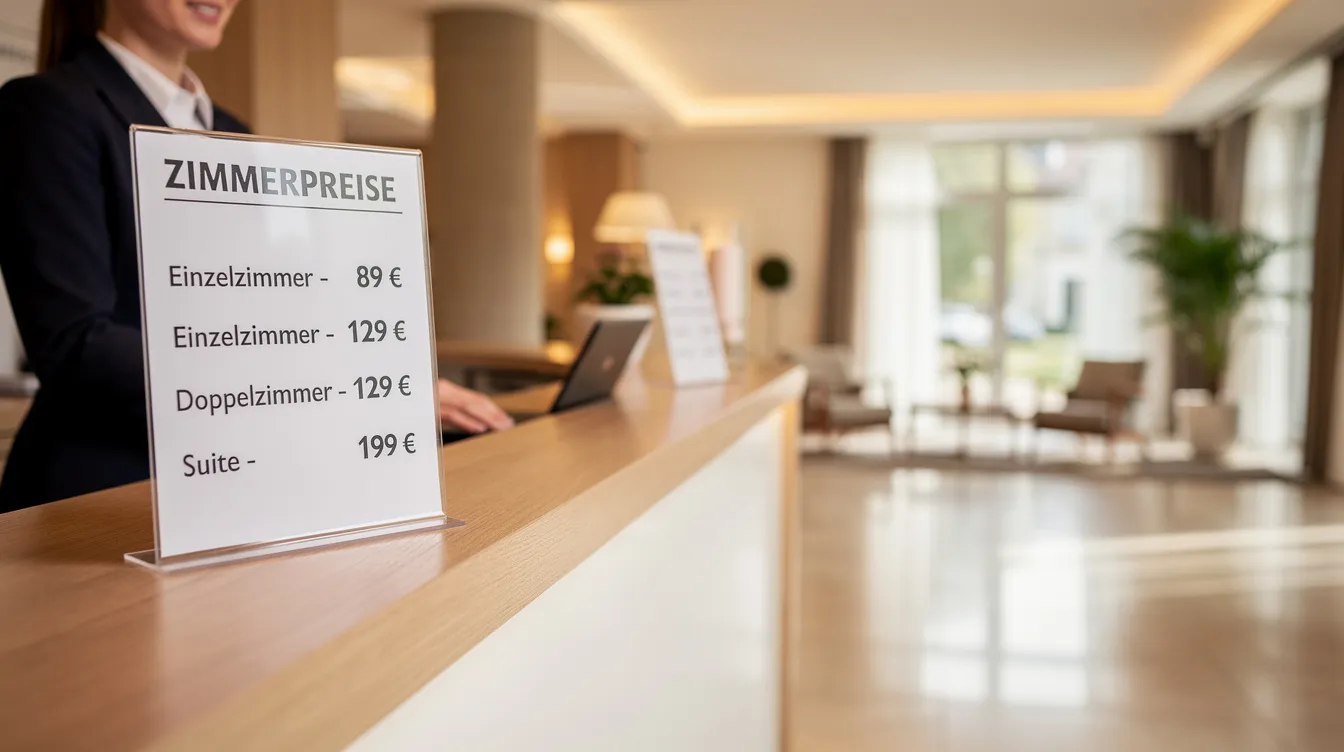 Die Hotelrezeption zeigt ein Schild mit Zimmerpreisen, während im Hintergrund ein helles Foyer zu sehen ist. Diese Umgebung symbolisiert die Inklusion und die Teilhabe aller Menschen, unabhängig von ihren Bedürfnissen und Fähigkeiten, in der Gesellschaft.