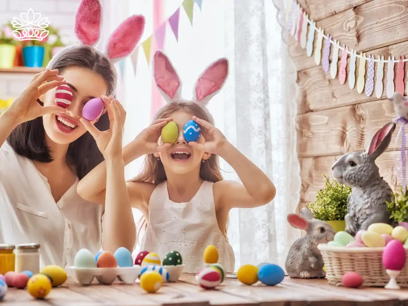 Mother and daughter wearing bunny ears and decorating Easter eggs - Fabulous Flowers and Gifts, National Occasions.