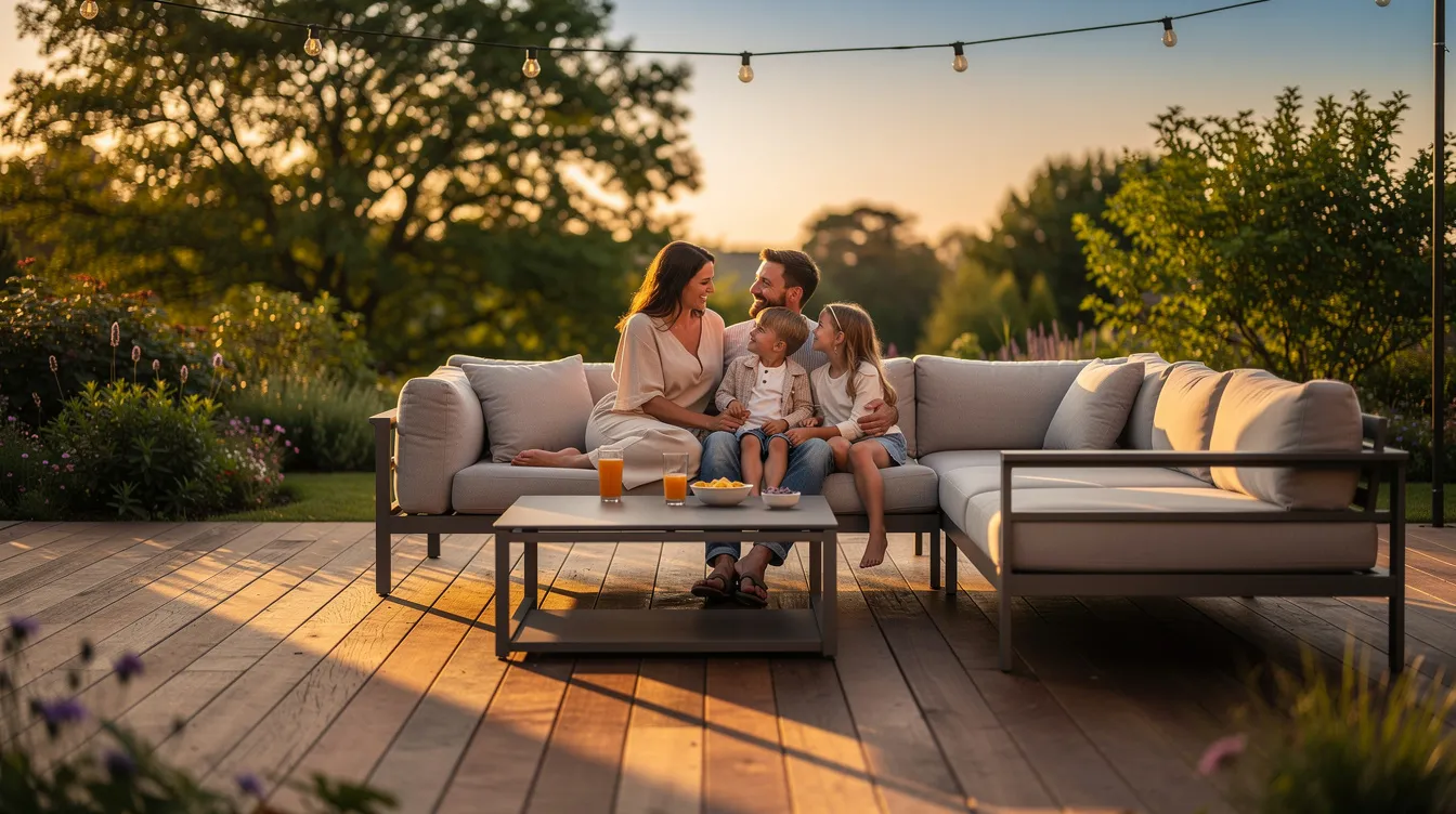 En familj kopplar av på en modern utesoffa av konstrotting på en trädeck under en sommarkväll. Soffan är utrustad med bekväma dynor och skapar en inbjudande atmosfär för avkoppling på uteplatsen.