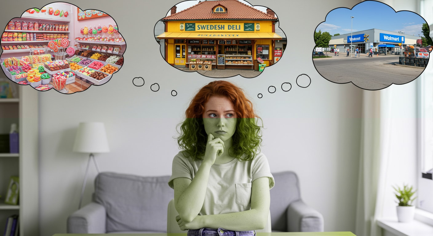 A young girl thinking about where she might find BUBS Swedish candies