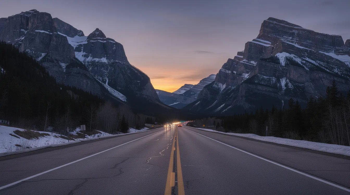 The image depicts a serene highway winding through the majestic mountains of Colorado at twilight, with soft hues of purple and orange in the sky. This tranquil scene contrasts sharply with the serious issues surrounding drunk driving accidents, highlighting the importance of safe driving practices in such beautiful landscapes.