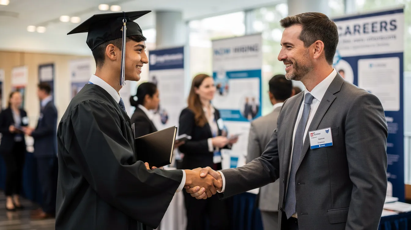 A graduate enthusiastically shaking hands with an employer during a career event.