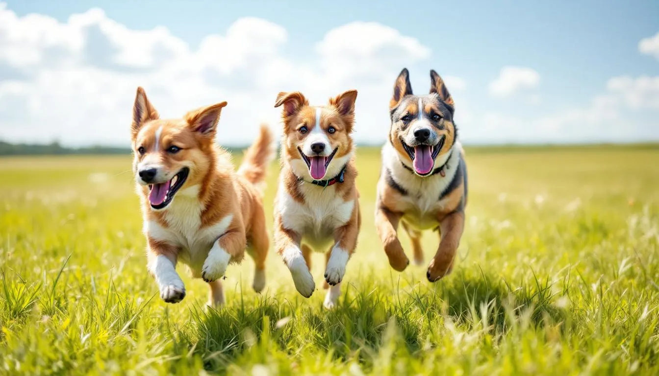 In a sunny field, three energetic dogs, including a golden retriever, are joyfully running and playing together, showcasing their adventurous spirits and social butterfly nature. The scene captures the essence of a dog park, where these beloved pets express their playful camaraderie under the warm sun.