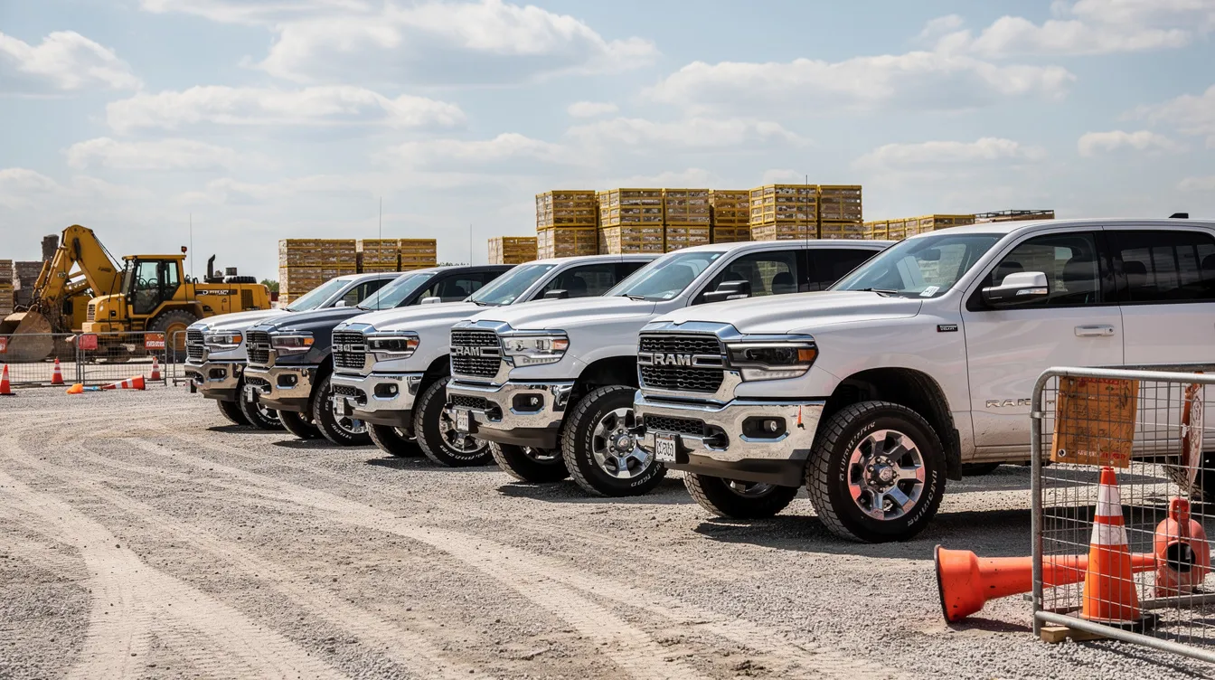 A row of white heavy-duty pickup trucks is parked at a commercial construction staging area, showcasing business vehicles that may qualify for tax deductions under the new law. These trucks represent tangible personal property essential for construction companies, potentially benefiting from bonus depreciation deductions.