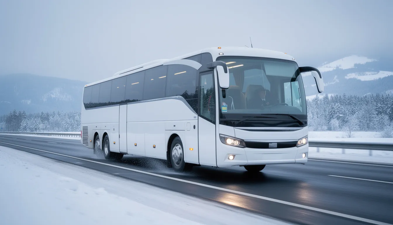 Na obrazie widać nowoczesny biały autokar turystyczny, który porusza się autostradą w zimowej scenerii, otoczony śnieżnymi krajobrazami. Taki przejazd autokarem może być idealnym początkiem wycieczki do Paryża, zwłaszcza w okresie sylwestra.