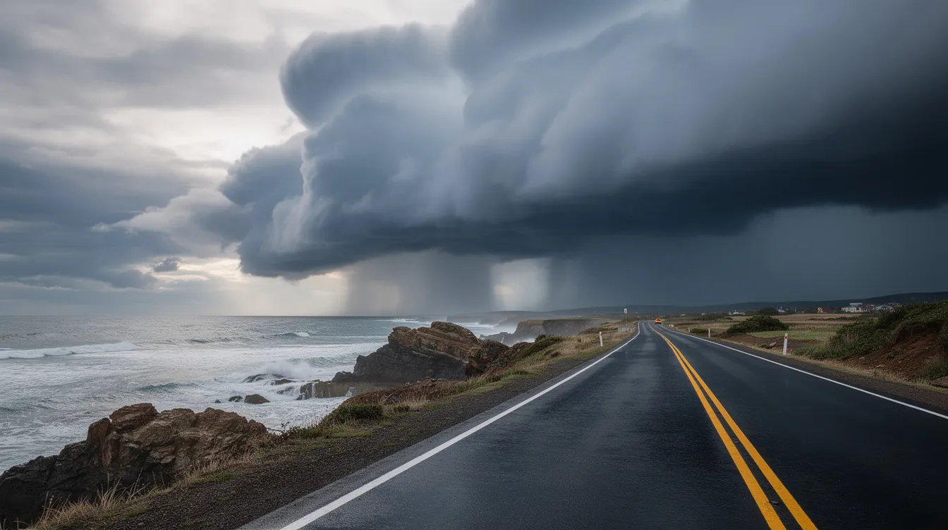 Dark storm clouds loom ominously over a coastal highway, creating a dramatic backdrop for the scene. This image captures the essence of nature's power, reminiscent of the challenges faced during auto transport in Mississippi, where weather conditions can impact car shipping services and delivery dates.