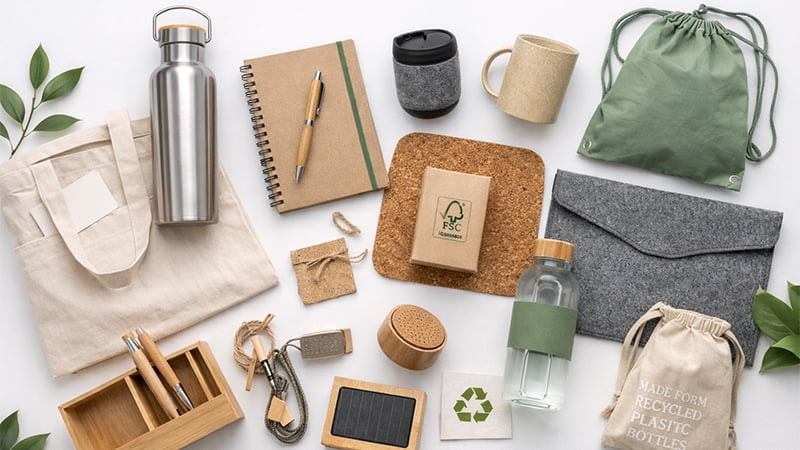 Eco-friendly promotional products: bottle, tote, notebook, bamboo stationery.