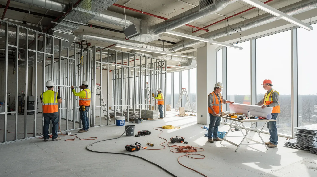 The image shows construction workers actively working inside a commercial office space during a build-out, featuring exposed ceilings and framing. This environment is typical for startup office spaces, where teams collaborate to create an ideal office space for growing businesses.