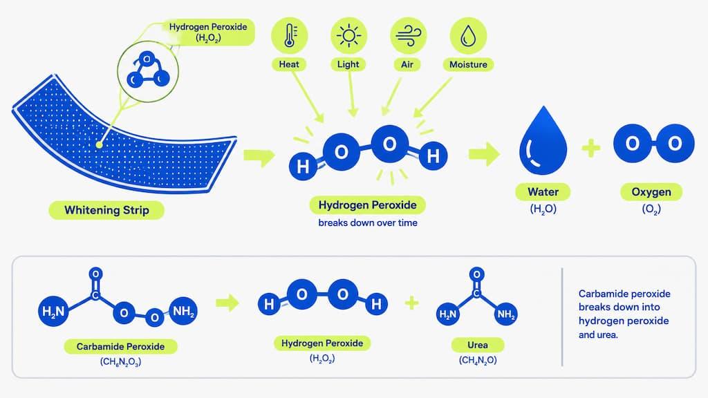 Chemistry diagram: hydrogen peroxide in a whitening strip breaks down over time into water and oxygen, sped up by heat, light, air, and moisture, while carbamide peroxide breaks down into hydrogen peroxide and urea