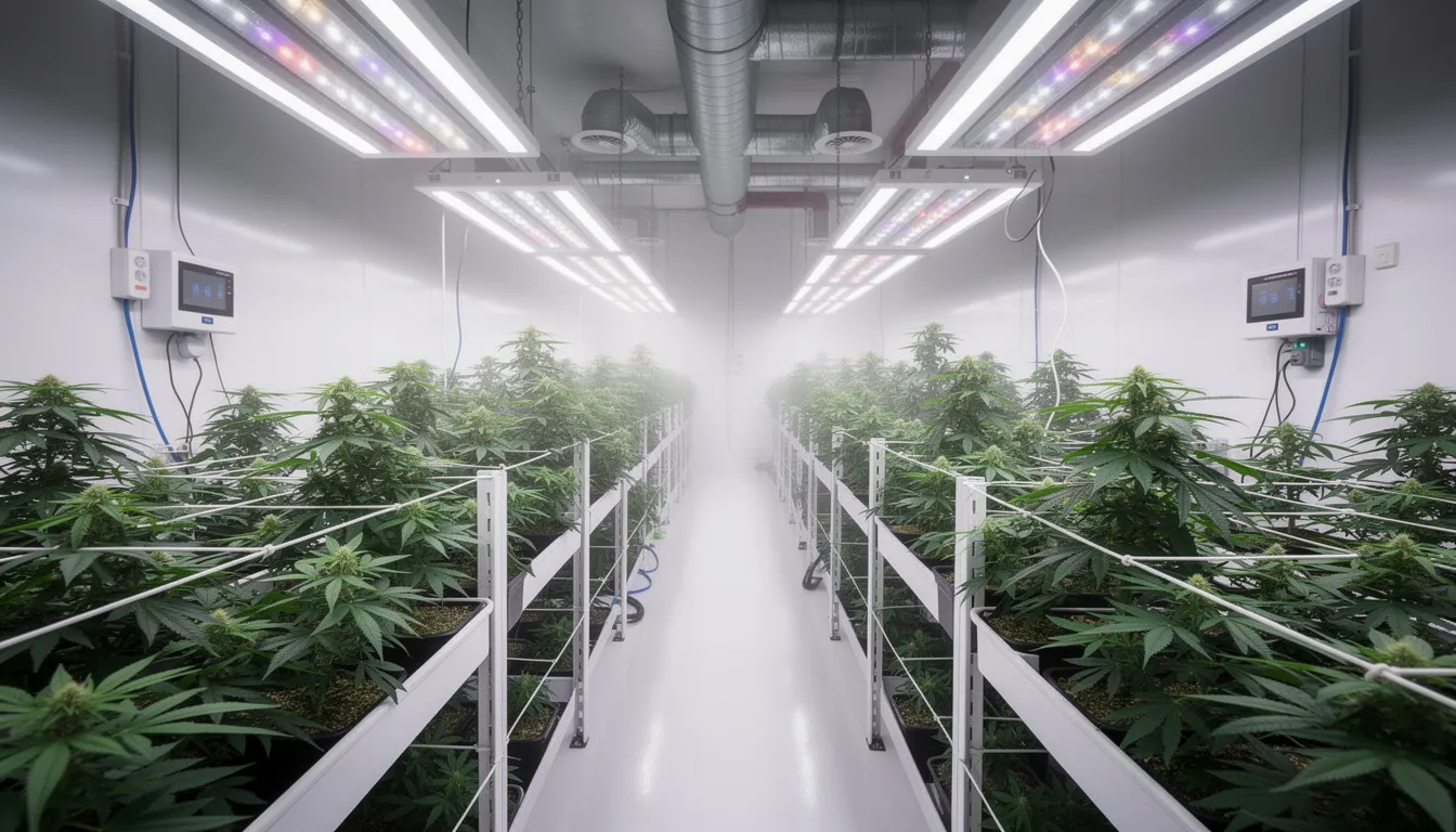 Das Bild zeigt eine professionelle Indoor-Anlage für den Anbau von Cannabis, ausgestattet mit modernen Beleuchtungssystemen und einem kontrollierten Wachstumsumfeld. Diese Einrichtung könnte als Beispiel für einen Cannabis Social Club dienen, in dem Mitglieder gemeinsam Cannabis anbauen und konsumieren können.