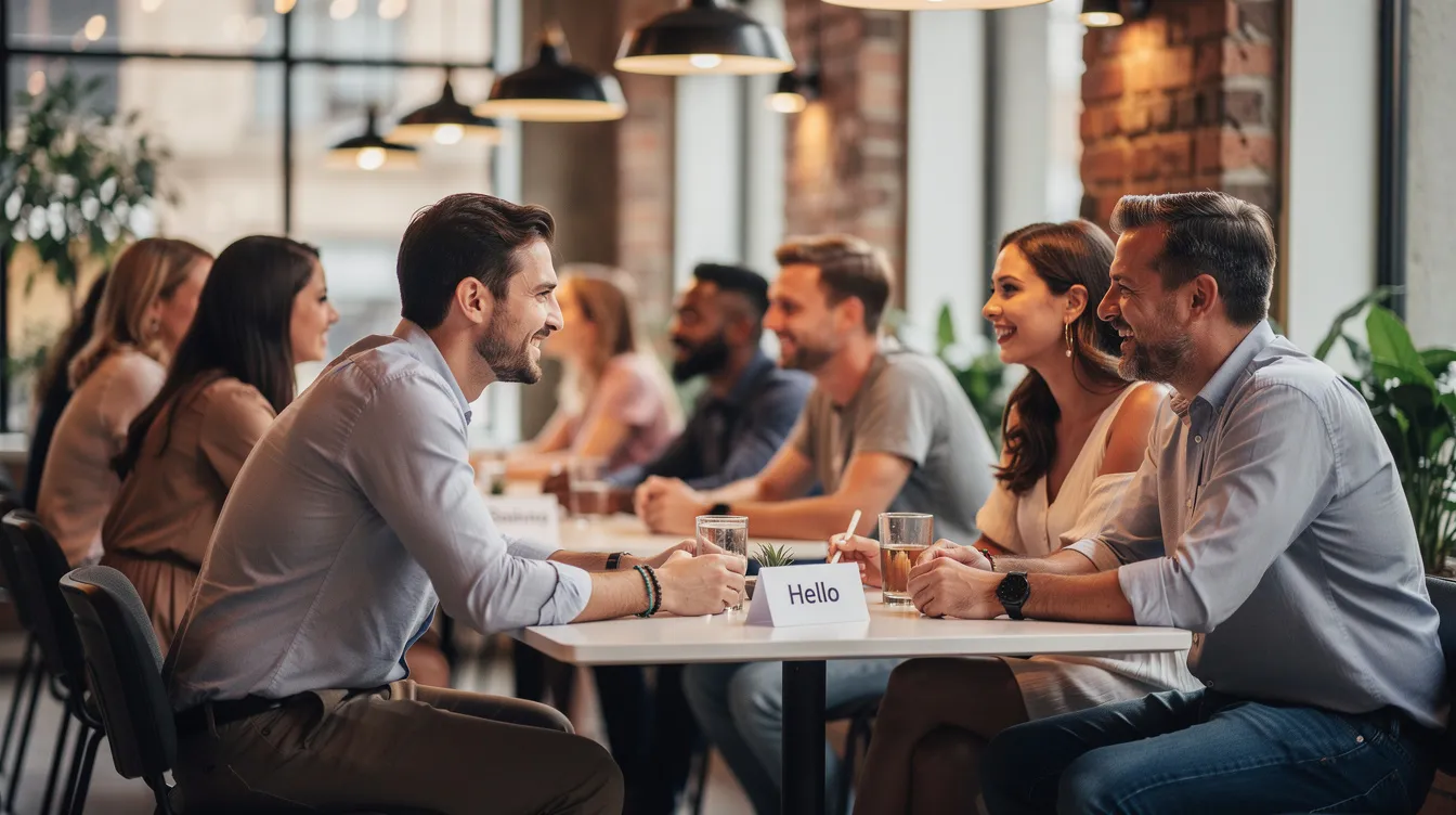 A lively group of people engages in conversation at a casual speed dating event held in a modern venue, creating a magical moment of potential matches and mutual attraction. The atmosphere is relaxed, encouraging genuine connections among attractive singles exploring their dating preferences in real life.