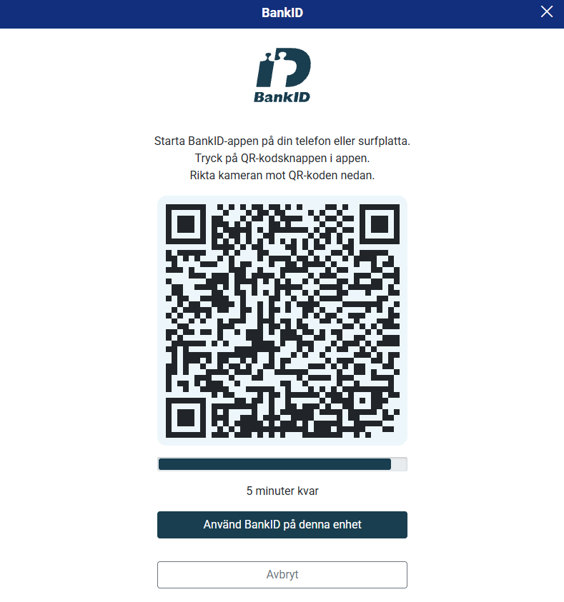 Registrering och verifiering hos DBET med BankID via QR-kod eller samma enhet.