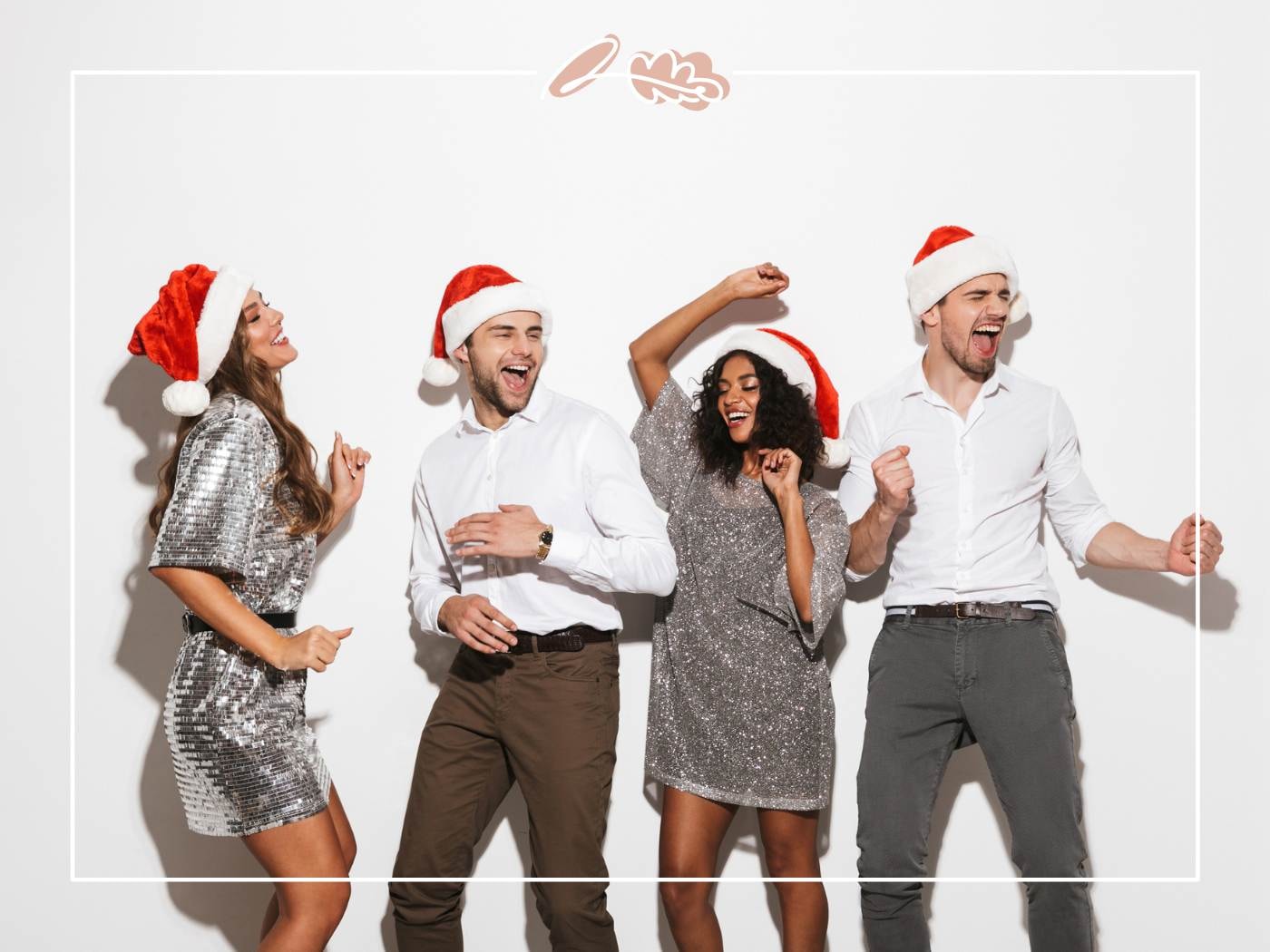 Group Dancing - Joyful group dancing in Santa hats, celebrating with classic gifts and holiday flowers, perfect for a memorable holiday season.